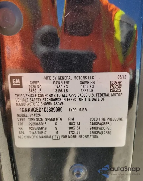 2012 Chevrolet Traverse Lt z USA, uszkodzony, nr VIN 1GNKVGED1CJ339080